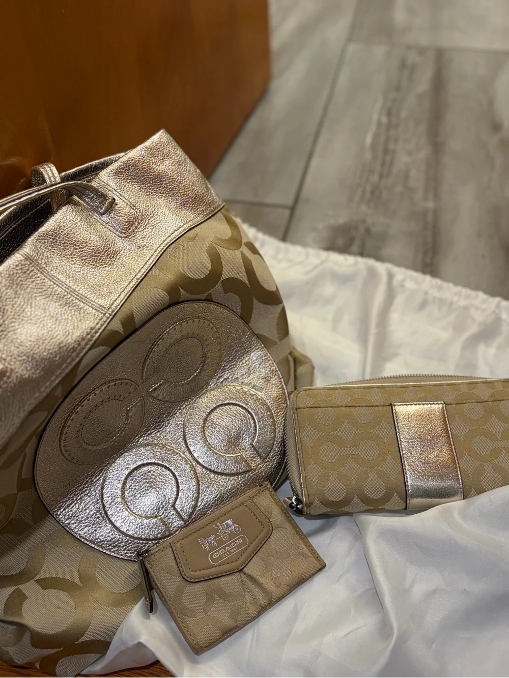 Coach Metallic Gold and Tan Signature Tote with Matching Wallet & Card Case